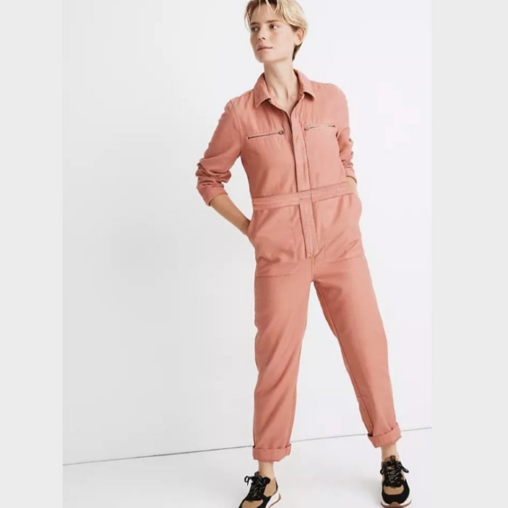 Madewell zip up zip pocket coverall jumpsuit pink rose